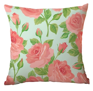 Close-up of square peony rose flower pillowcase showing the fabric texture and print