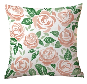 Close-up of pink rose floral pattern on white square pillowcase showing fabric texture