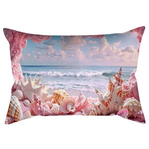 Detailed digital print of pink dream beach and seashells on high-quality pillowcase