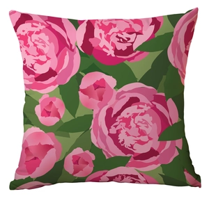 Detailed close-up showing pink peony flower print on smooth fabric square pillowcase