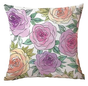 Detail of floral pillow case showing watercolor roses in pink, purple and yellow tones