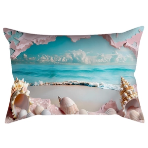 Detail of the 3D beach print on rectangular pillowcase with seashell and ocean wave patterns