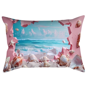 Detail of 3D pink beach and ocean shell print on a rectangular polyester pillowcase