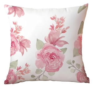 Detailed view of the watercolor pink rose floral pattern on a square white throw pillow case
