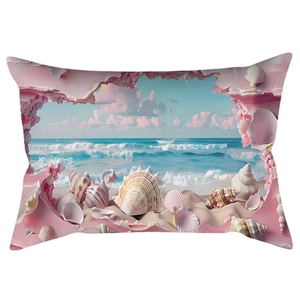 Close-up of pink sunset beach print on a rectangular seashell pattern pillow case
