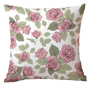 Detailed view of square pillowcase with pink rose and green leaf floral pattern