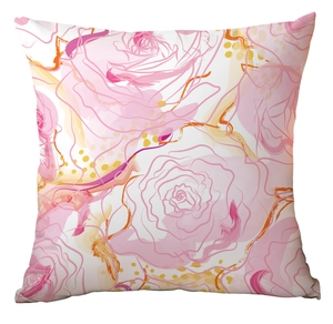 Close-up of square cushion cover featuring pink and yellow abstract rose floral pattern