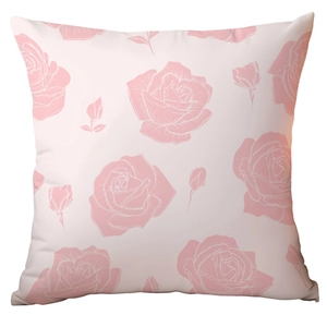 Square pink floral throw pillow case with hand-drawn rose pattern for home sofa decor