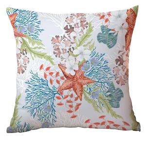 Macro view of ocean life pillow case featuring watercolor starfish and coral patterns
