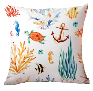 Detail view of polyester pillowcase with watercolor sea turtle and marine life prints