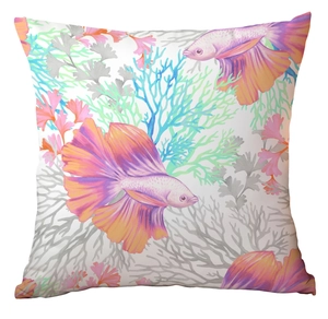 Detailed view of square ocean life pillowcase with vibrant siamese fighting fish pattern