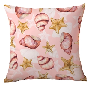 Detail of nautical pillowcase featuring watercolor starfish and seashell print on pink fabric