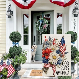 Detalle de bandera de jardín con flores de bandera americana y texto patriótico Dios