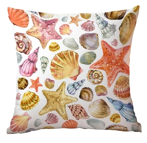 Detailed watercolor pattern on sea shell pillow case featuring starfish and scallops