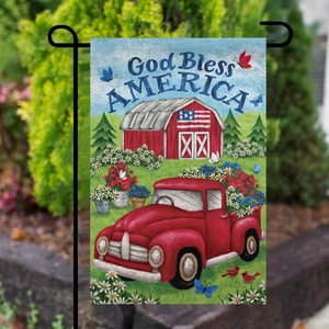 Bandera de jardín God Bless America con camión rojo y bandera de EE. UU. para exterior