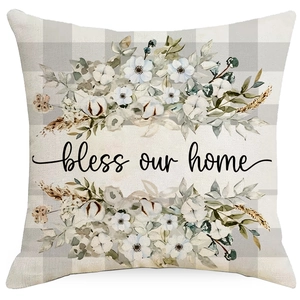 Linen plaid pillowcase with floral illustration and bless our home printed text
