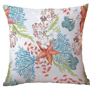 Polyester square pillowcase with watercolor starfish and coral patterns on white fabric
