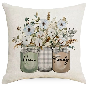 Linen cushion cover featuring watercolor plants, cotton flowers and Home Family lettering