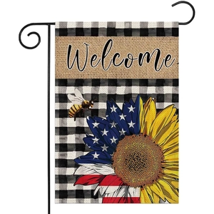 Bandera de Jardín Welcome Girasol Patrón Bandera EE. UU. con Soporte de Metal Negro