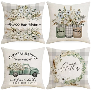Farmhouse Floral Linen Pillowcase Bless Our Home Gather Text Printed Decorative Cushion Cover For Sofa Living Room Decor
