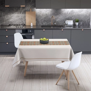 Detail of bohemian geometric pattern on a rectangular tablecloth in a modern kitchen