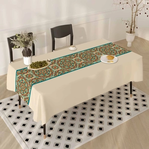 Bohemian mandala print tablecloth in cream with geometric ethnic patterns for home decor