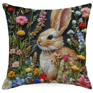 Close-up of floral rabbit embroidery design on a linen square pillowcase with vivid textures