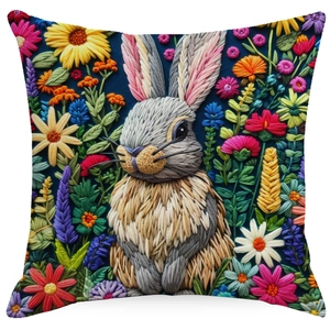Linen pillow cover with floral rabbit embroidery style print on a white background