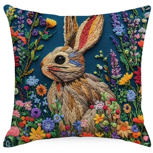 Detail of embroidered rabbit and vibrant floral pattern on navy linen pillow cover