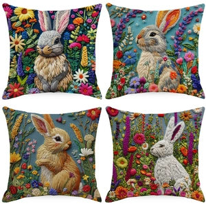 Easter Rabbit Floral Pattern Linen Cushion Cover 3D Faux Embroidery Style Printed Decorative Pillow Case For Home Living Room