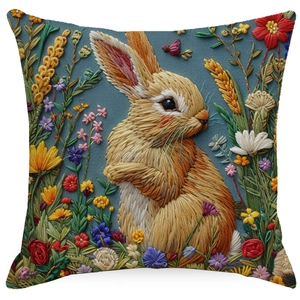 Linen pillow cover with faux embroidery rabbit and colorful floral pattern on blue background