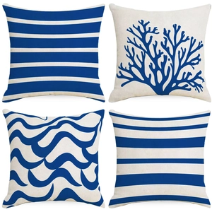 Mediterranean Ocean Coral Striped Linen Pillow Case Decorative Throw Cushion Cover Printed Square Home Living Room Decor