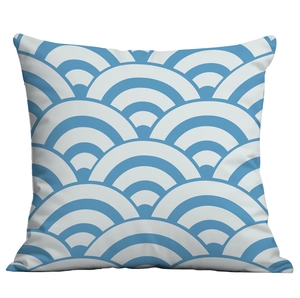 Detailed texture of square pillowcase with blue and white Seigaiha wave pattern