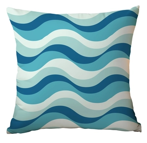 Detailed close-up of blue wave pattern and canvas texture on a modern square pillowcase