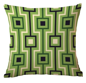 Detailed texture of geometric square pattern cushion cover in green and navy blue