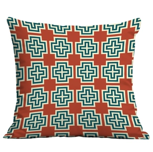 Detail of Nordic geometric cross pattern on brick red square cushion cover fabric