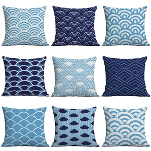 Nordic minimalist square pillowcases with blue and white geometric Japanese wave patterns