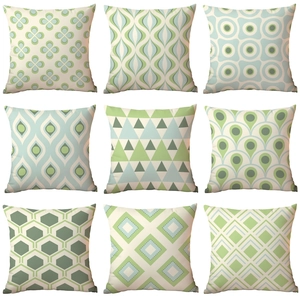 Modern geometric pillow covers in sage green and cream tones, set of nine minimalist patterns