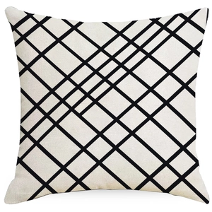 Modern white square cushion cover with black geometric lattice pattern on woven fabric
