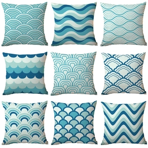 Set of 9 Nordic blue and white geometric cushion covers with wave and ocean patterns