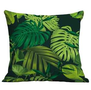 Detailed view of square pillow case with HD tropical Monstera and palm leaf print