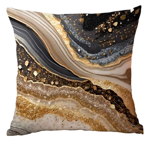 Macro shot of abstract black and gold marble pattern texture on a square pillow case