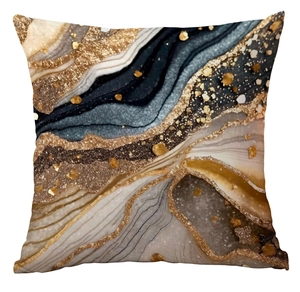 Detailed view of black marble pillow cover with golden texture and abstract glitter patterns