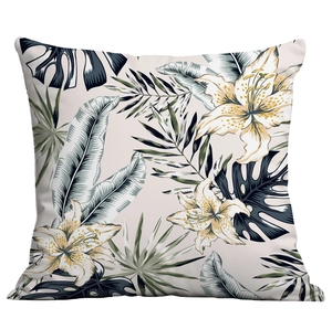 Square cushion cover with tropical monstera leaves and white lily flower print