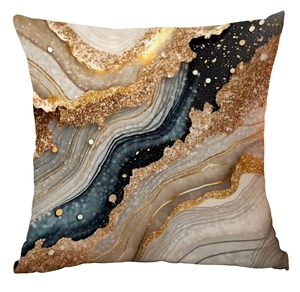 Close-up of black marble pillowcase with golden foil textures and gray stone patterns