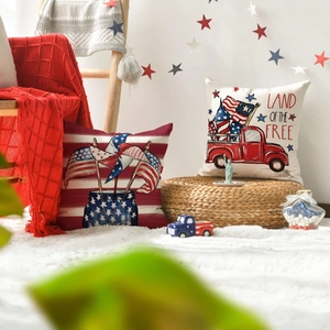 Patriotic gnome and red truck linen pillow covers for Fourth of July home decor