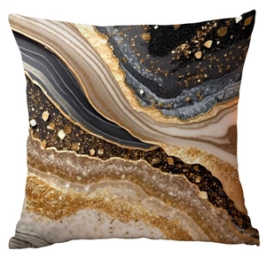 Modern black marble pillow cover with golden vein pattern on a white background