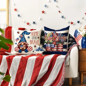 Independence Day gnome and floral linen pillow covers set for festive home decoration