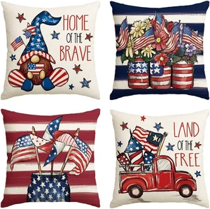 Independence Day Gnome Red Truck Linen Pillowcase Patriotic Stars Stripes Decorative Cushion Cover Sofa Living Decor
