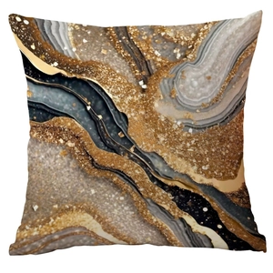 Modern black marble cushion cover with abstract gold foil veins on white background